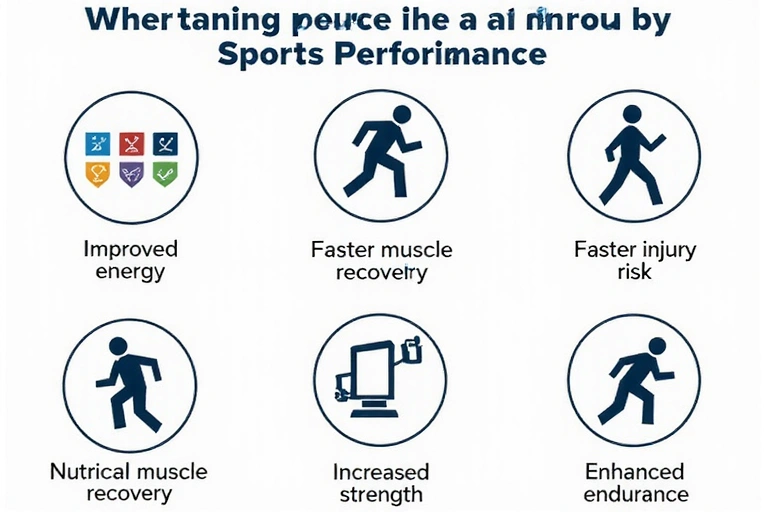 Infografía con iconos mostrando el impacto de la nutrición en el deporte: mejora de energía, recuperación muscular, reducción de lesiones, aumento de fuerza y resistencia.