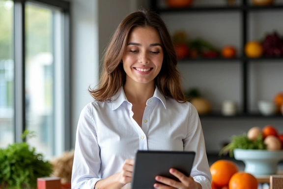 Mujer sonriendo mientras consulta información nutricional en una tablet